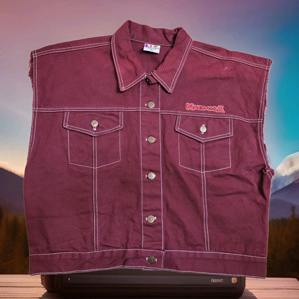 Vintage 90s NAVE Denim Jacket Vest Mens XL Burgundy Maroon Streetwear Made USA